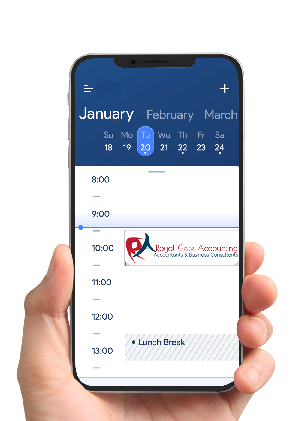 The hand that's holding the phone with the calendar open.